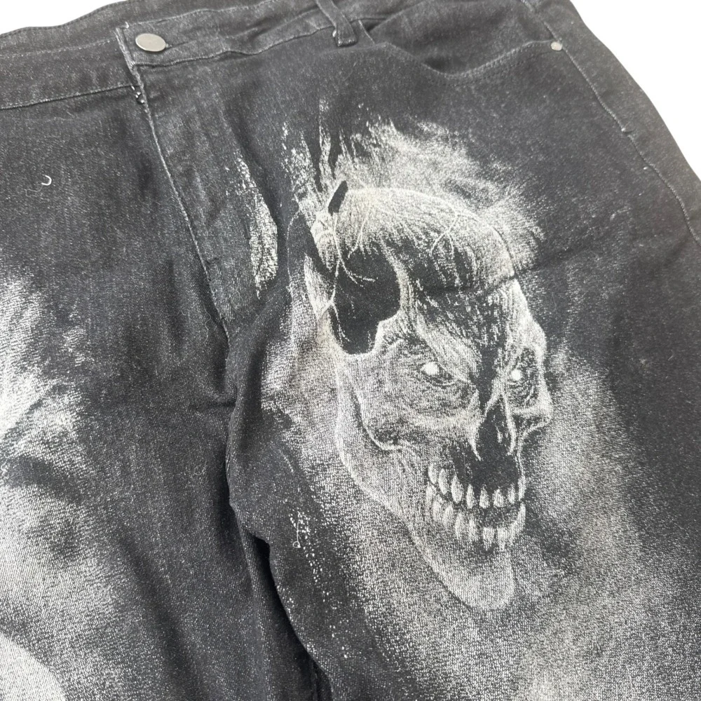 Y2K Skull airbrush Printed Denim Grunge Leg Jeans Punk Trousers 42 Black